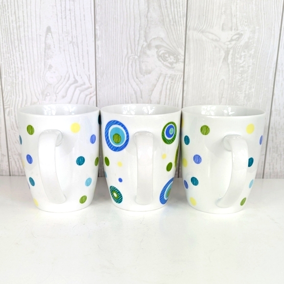 3 Bright Circle Dot Mugs Kmart White Blue Green Yellow Coffee Cups Porcelain - Picture 3 of 8